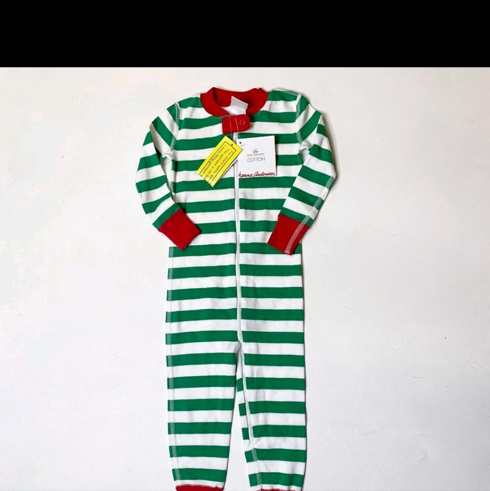 Hanna Andersson Green and White Striped Footie with Red Accents